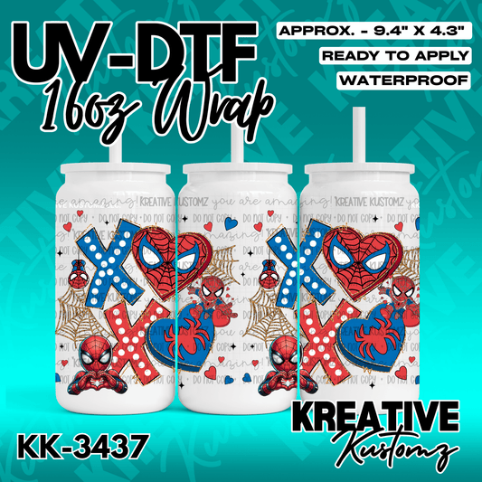 A Spider-Man themed UV DTF adhesive wrap for a 16oz glass cup featuring hearts and webs.