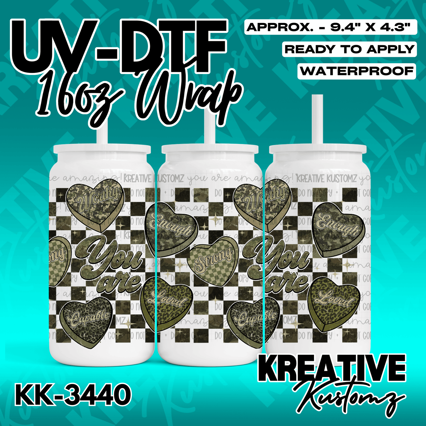 A UV DTF adhesive wrap for a 16oz glass cup featuring a green checkered pattern and heart motifs.