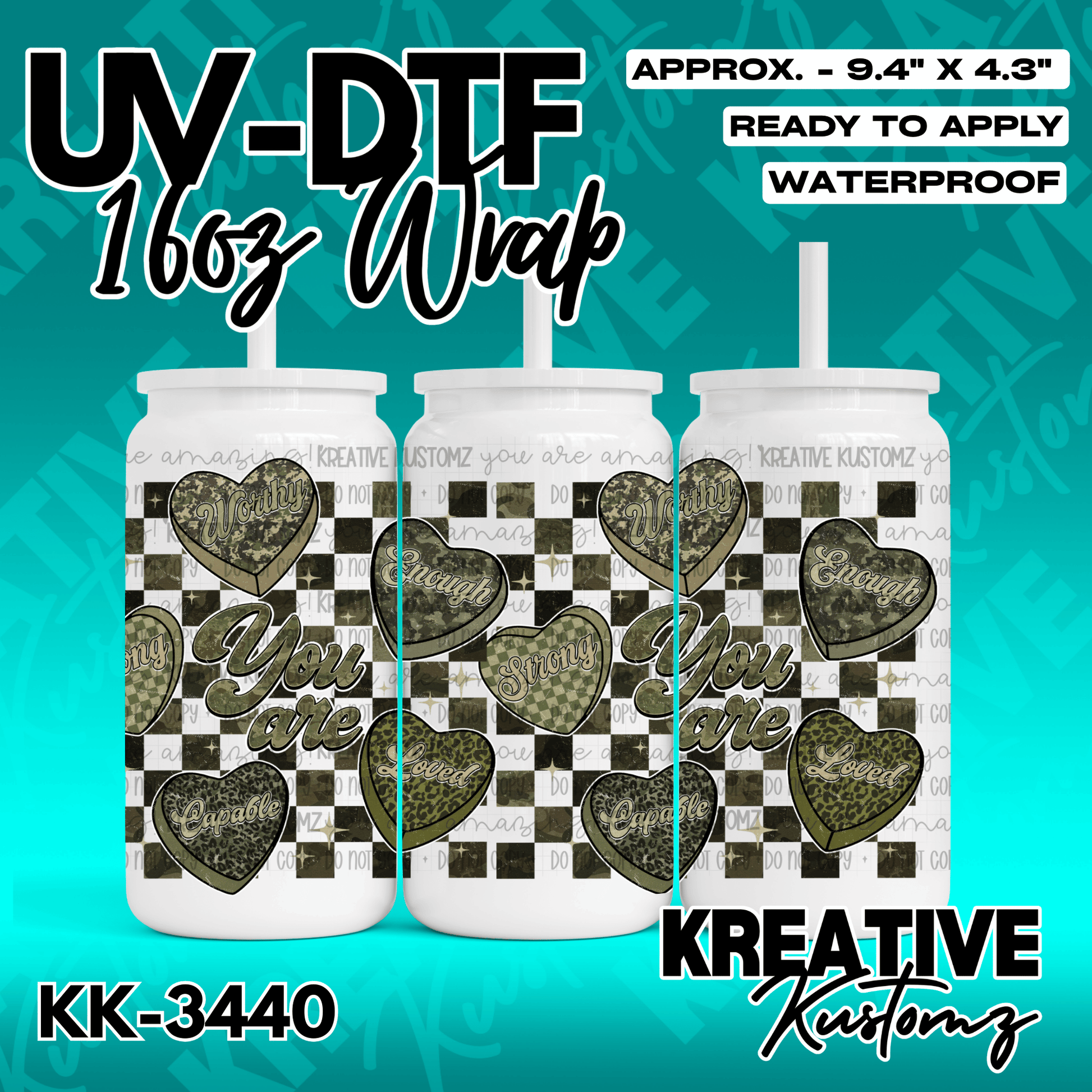 A UV DTF adhesive wrap for a 16oz glass cup featuring a green checkered pattern and heart motifs.