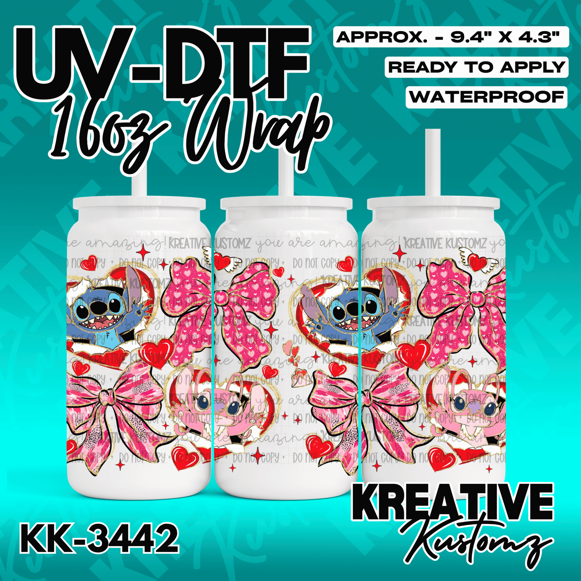 A UV DTF wrap for a 16oz glass can featuring Stitch, pink bows, and red hearts.