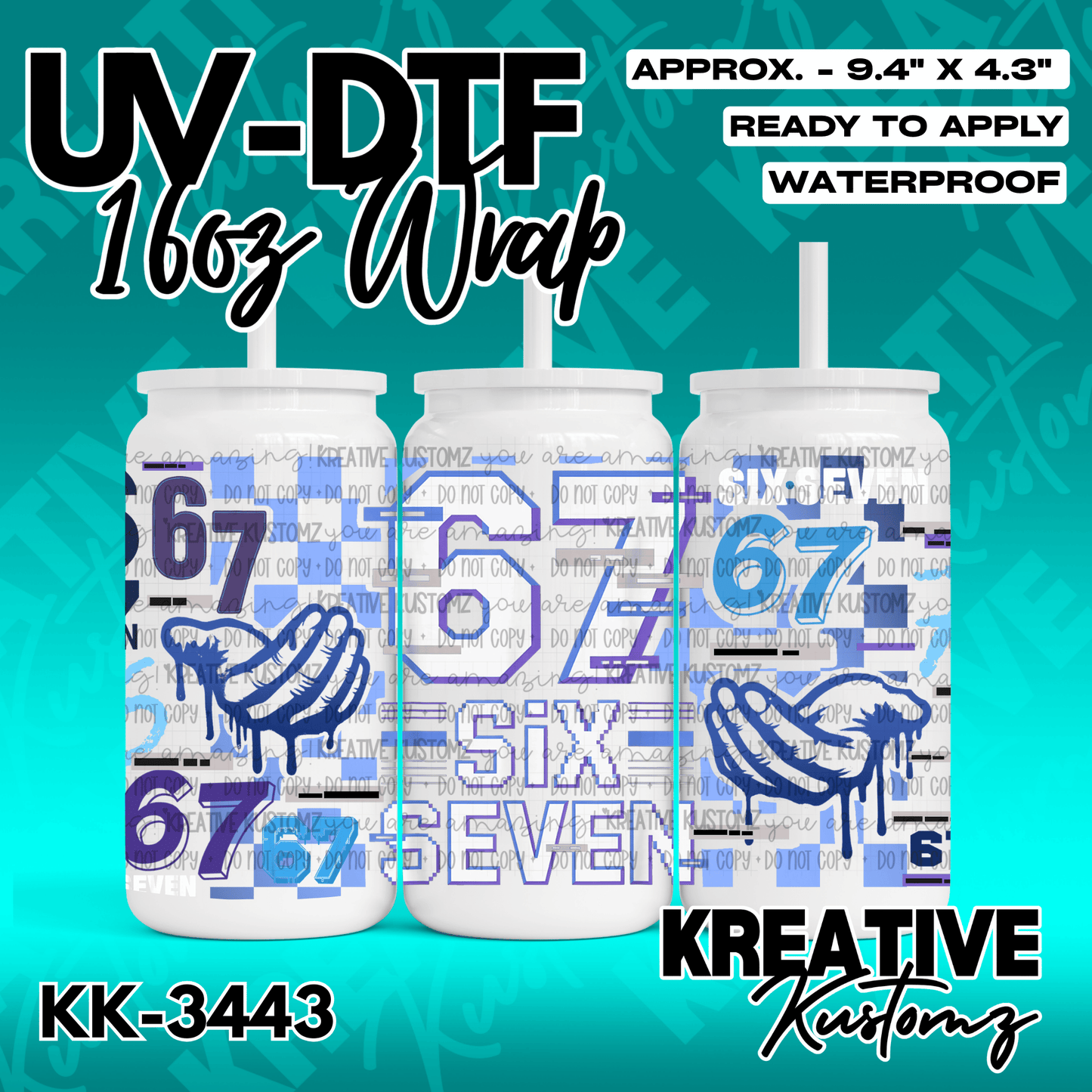 A UV DTF wrap for a 16oz glass cup featuring a blue and purple number 67 design with hands.
