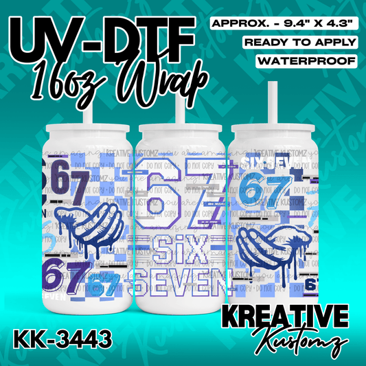 A UV DTF wrap for a 16oz glass cup featuring a blue and purple number 67 design with hands.