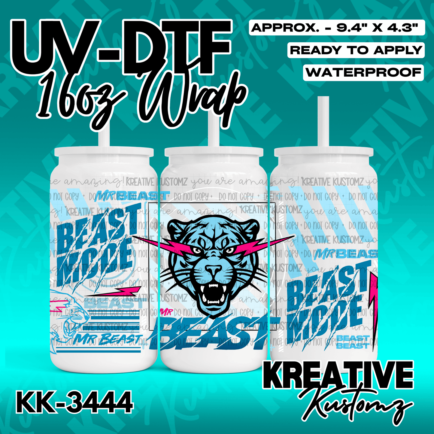 A blue and white UV DTF adhesive wrap for a 16oz glass can featuring a panther and beast mode text.