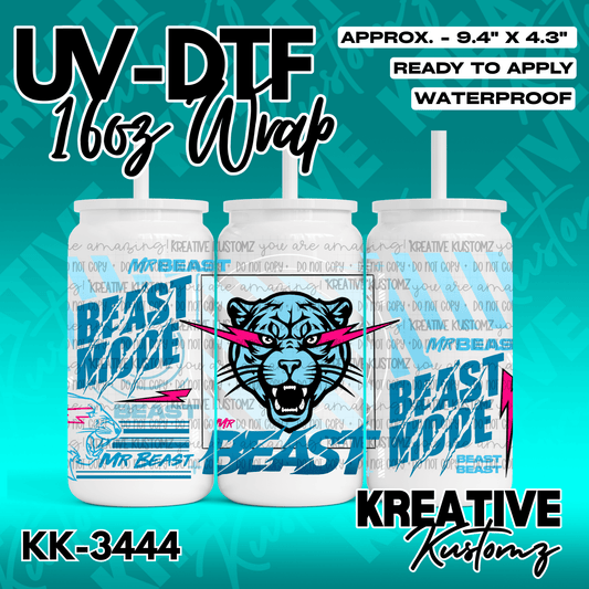 A blue and white UV DTF adhesive wrap for a 16oz glass can featuring a panther and beast mode text.