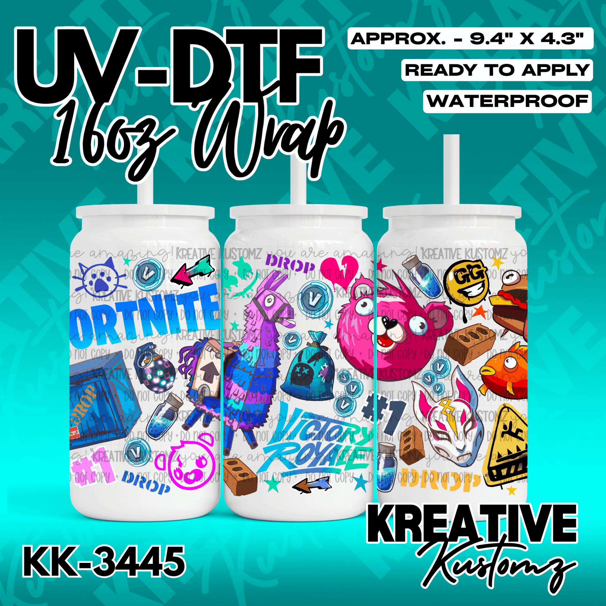 A Fortnite themed UV DTF adhesive wrap for 16oz glass cans featuring various game icons.