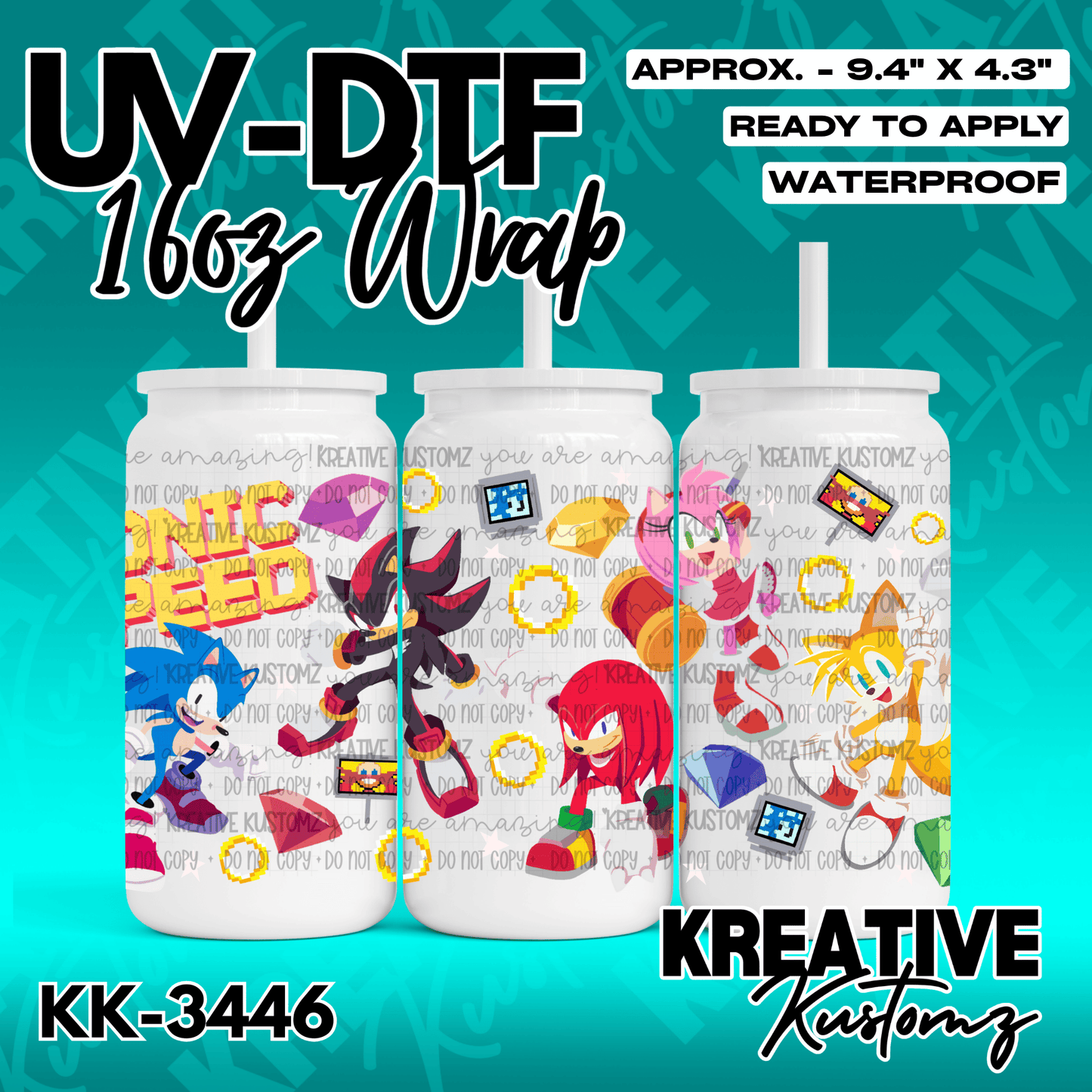 A Sonic the Hedgehog themed UV DTF wrap for a 16oz glass cup.