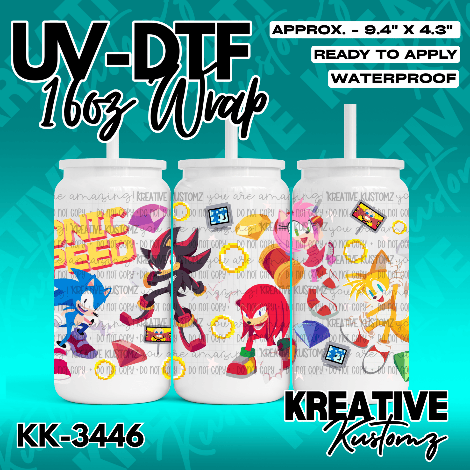 A Sonic the Hedgehog themed UV DTF wrap for a 16oz glass cup.