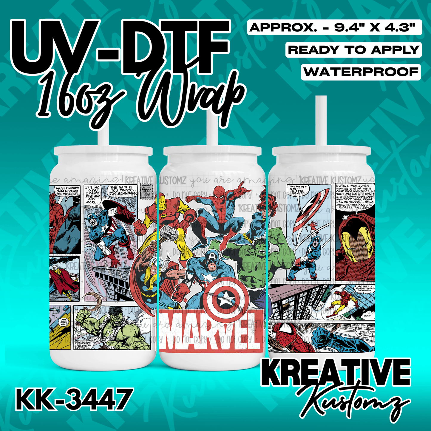 A Marvel comic book themed UV DTF wrap for a 16oz glass cup featuring various superheroes.
