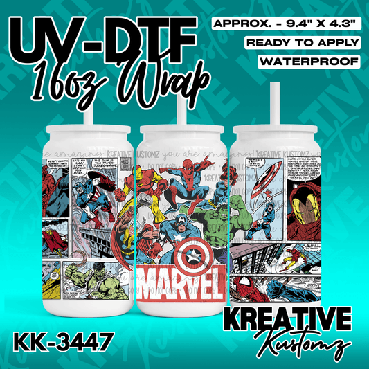 A Marvel comic book themed UV DTF wrap for a 16oz glass cup featuring various superheroes.