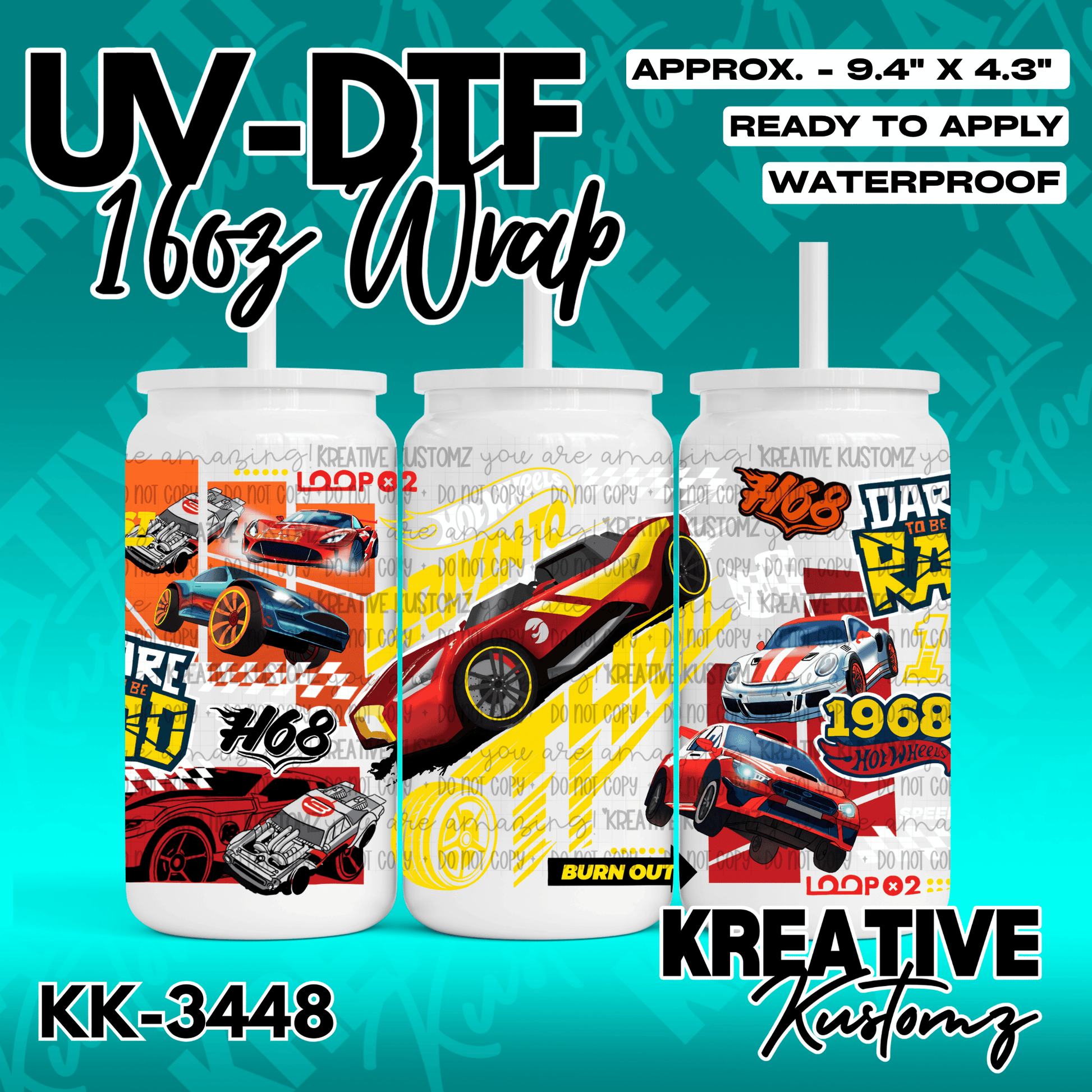 A Hot Wheels themed UV DTF adhesive wrap for a 16oz glass cup featuring various race car designs.