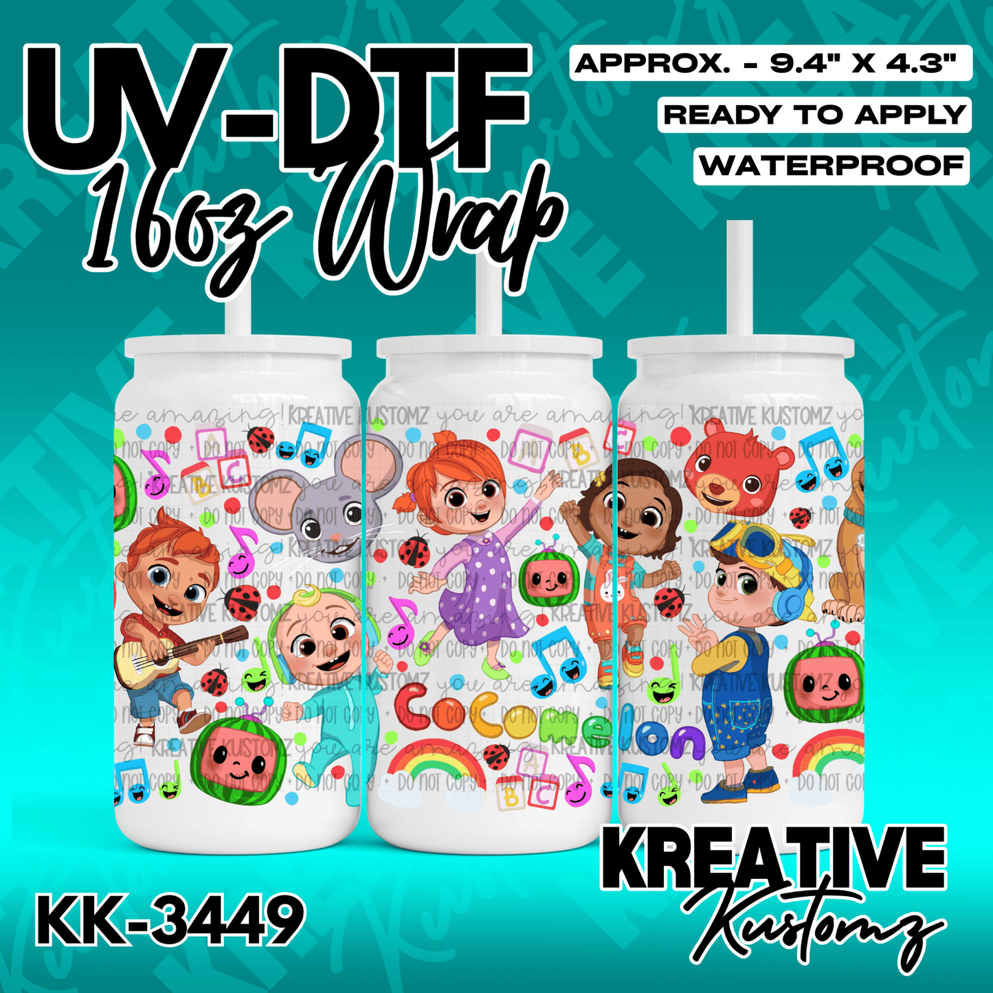 A Cocomelon themed UV DTF adhesive wrap for a 16oz glass can featuring various cartoon characters.