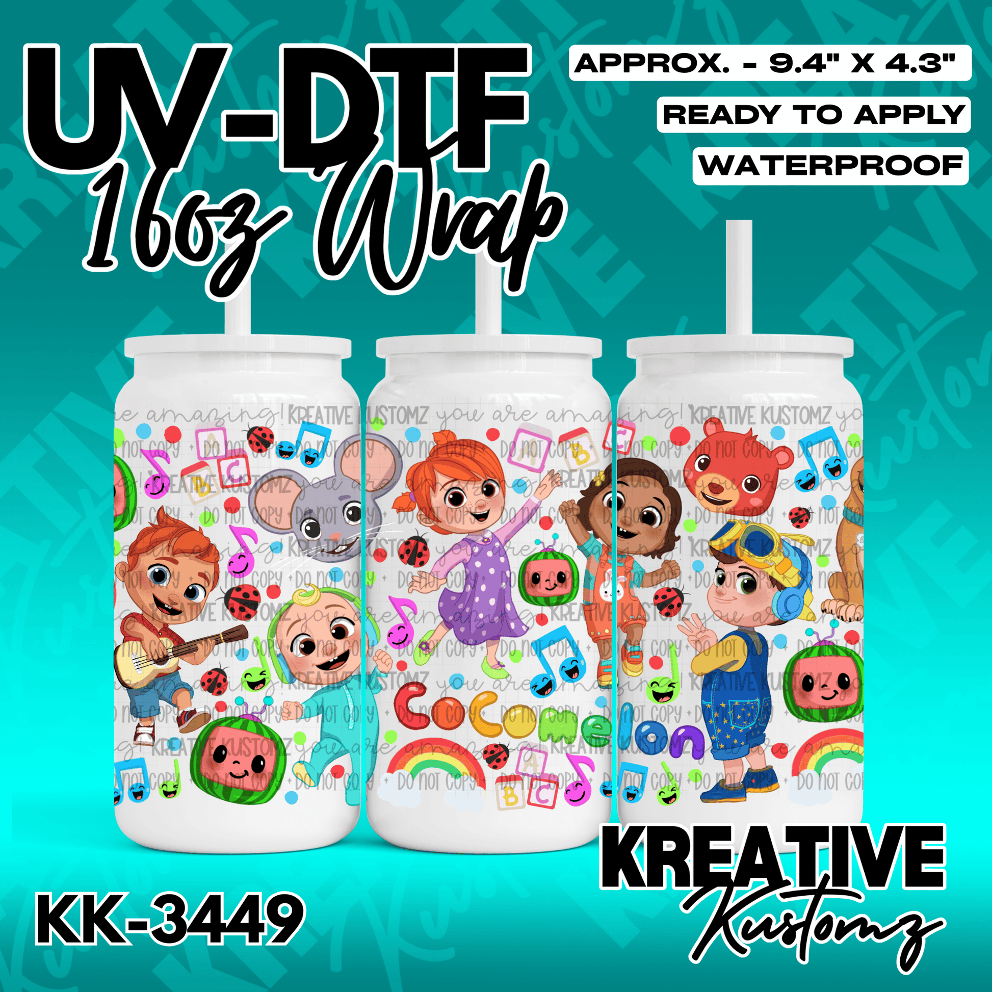 A Cocomelon themed UV DTF adhesive wrap for a 16oz glass can featuring various cartoon characters.