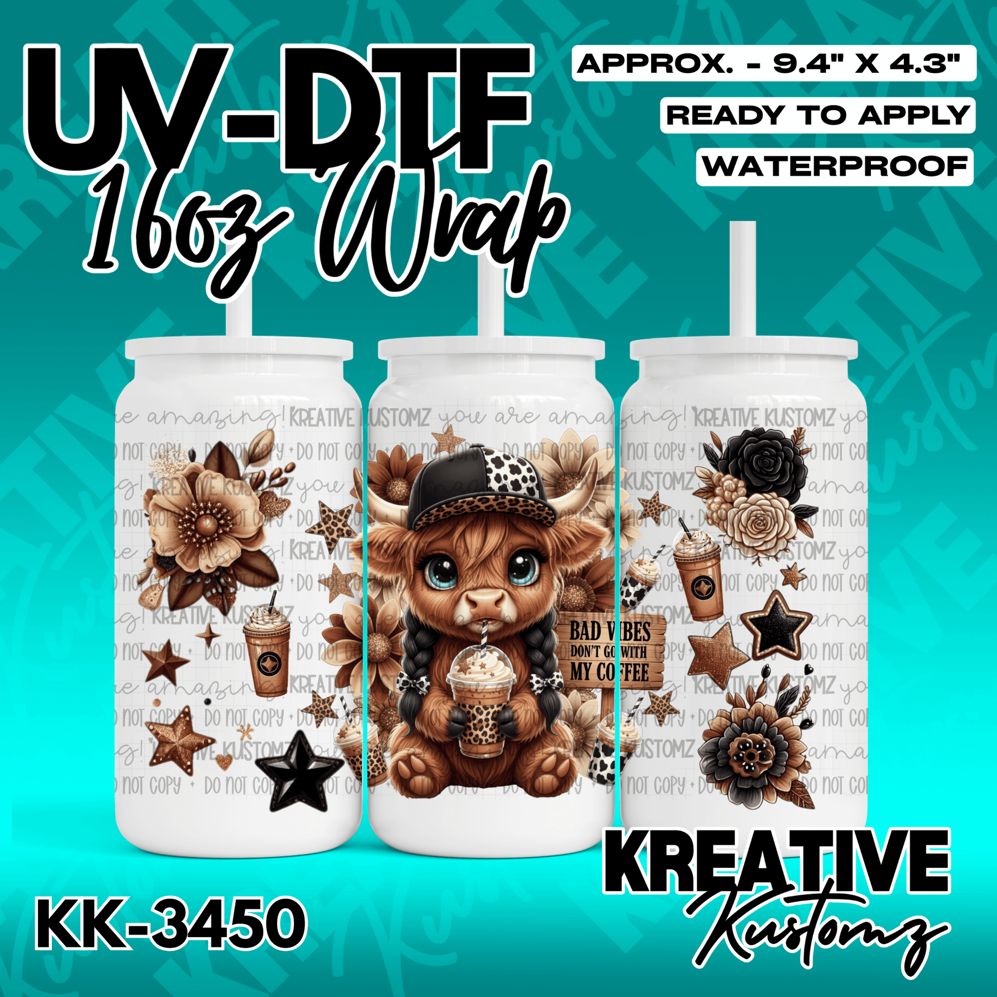 A UV DTF wrap for a 16oz glass cup featuring a highland cow, coffee, and floral designs.