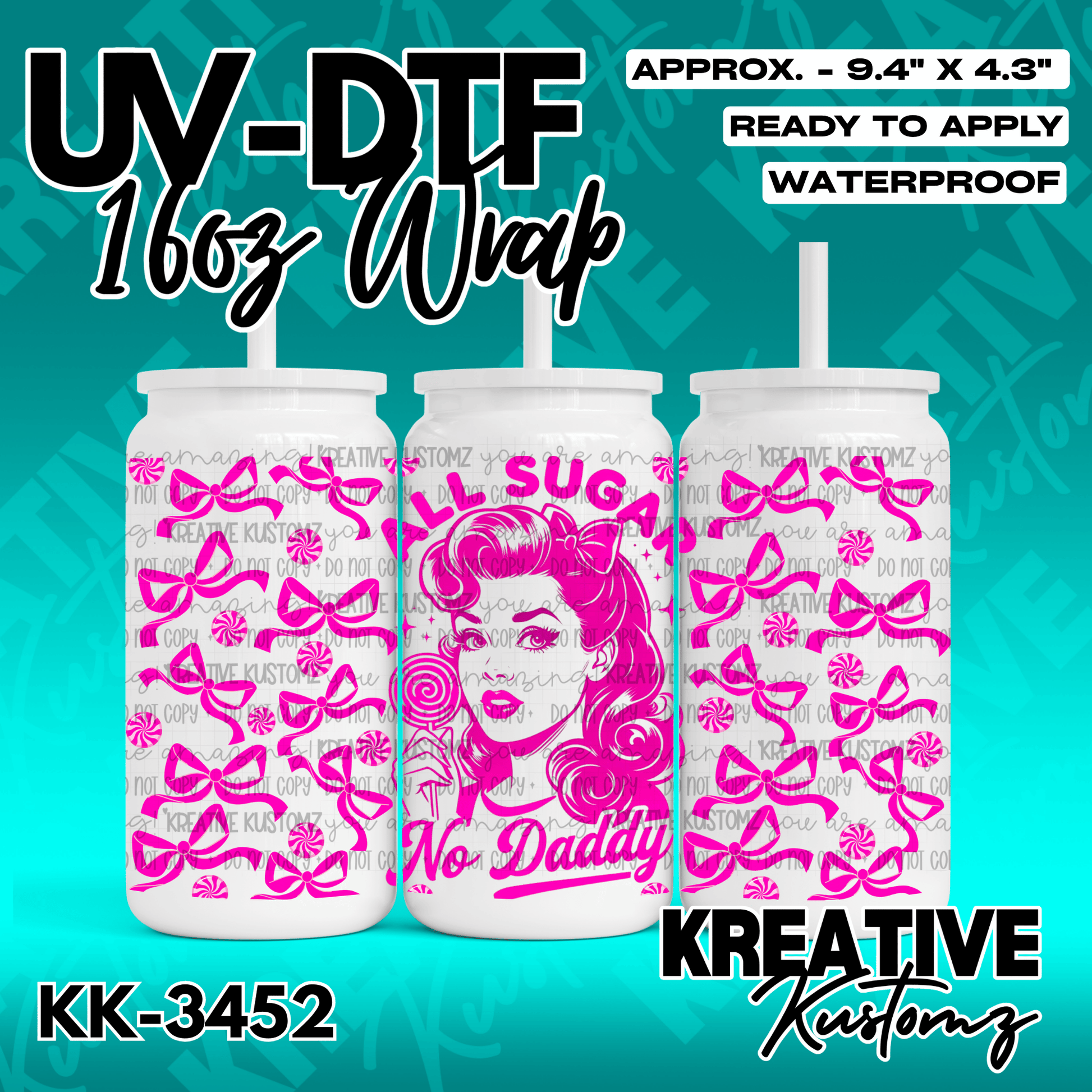 A pink graphic wrap for a 16oz glass can featuring a pin-up girl, bows, and candy motifs.