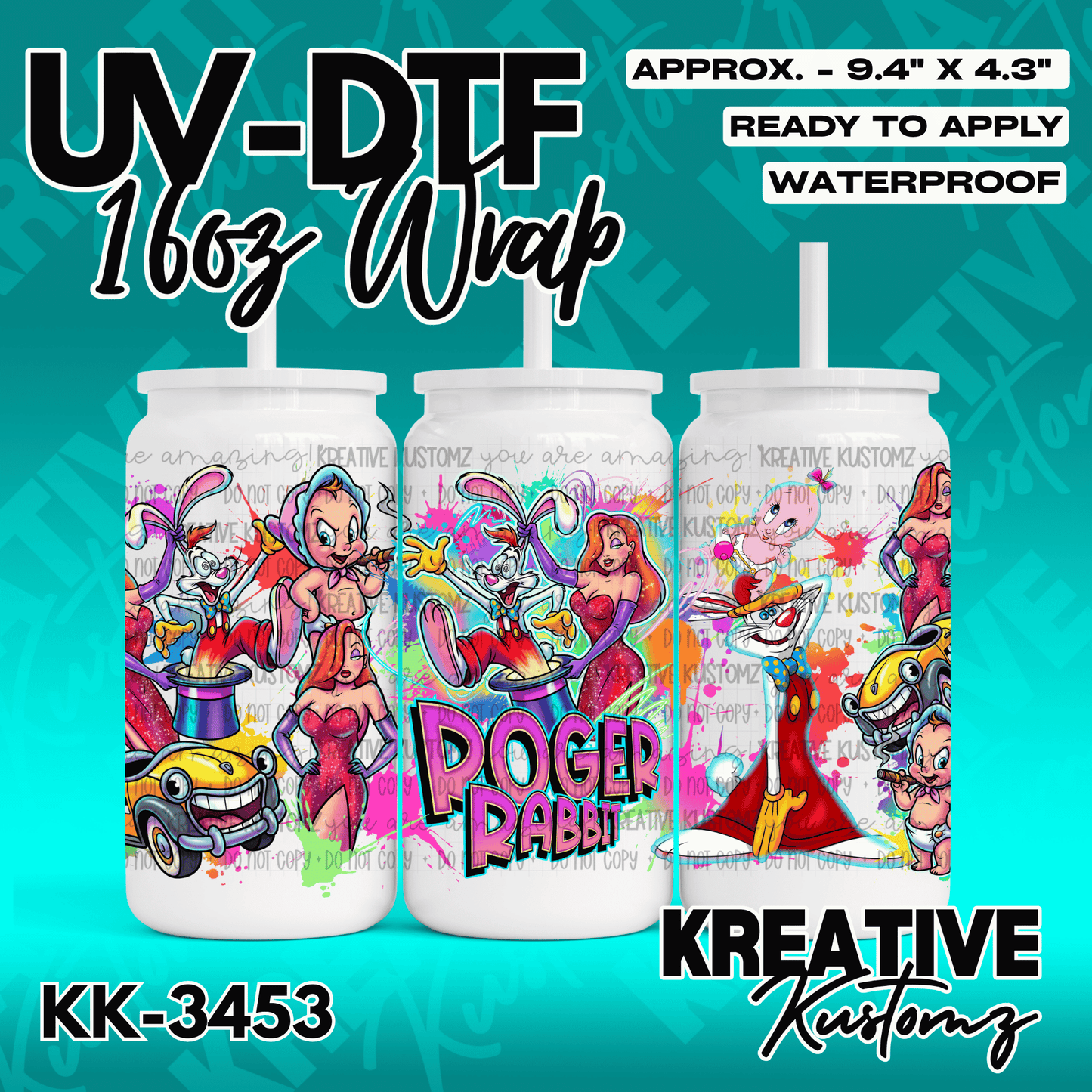 A Roger Rabbit themed adhesive wrap for a 16oz glass cup featuring colorful character graphics.
