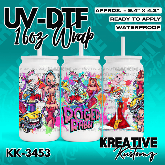A Roger Rabbit themed adhesive wrap for a 16oz glass cup featuring colorful character graphics.