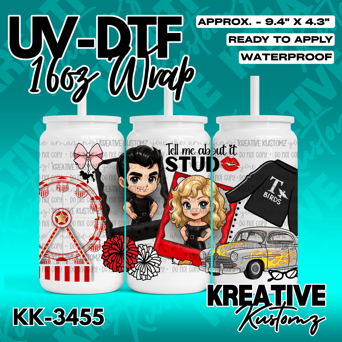 A Grease-themed UV DTF adhesive wrap for a 16oz glass cup featuring cartoon characters and icons.