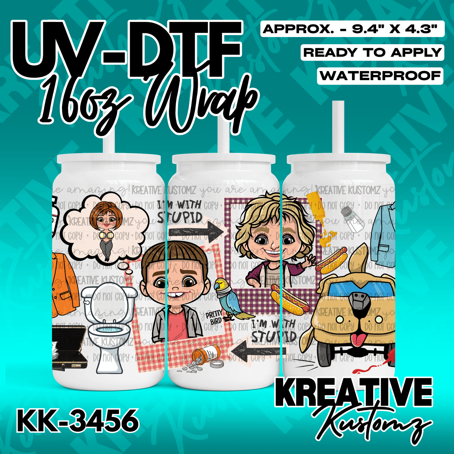 A colorful UV DTF cup wrap featuring cartoon characters and movie-themed icons for glass cans.