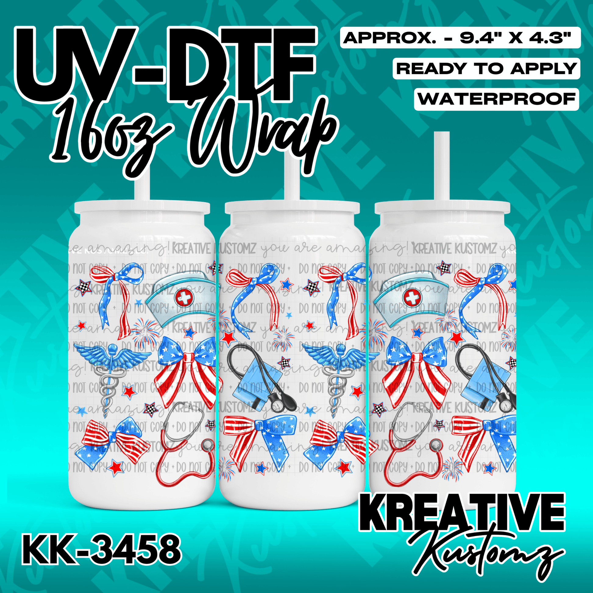 A waterproof UV DTF cup wrap featuring a patriotic nurse theme with bows and medical icons.