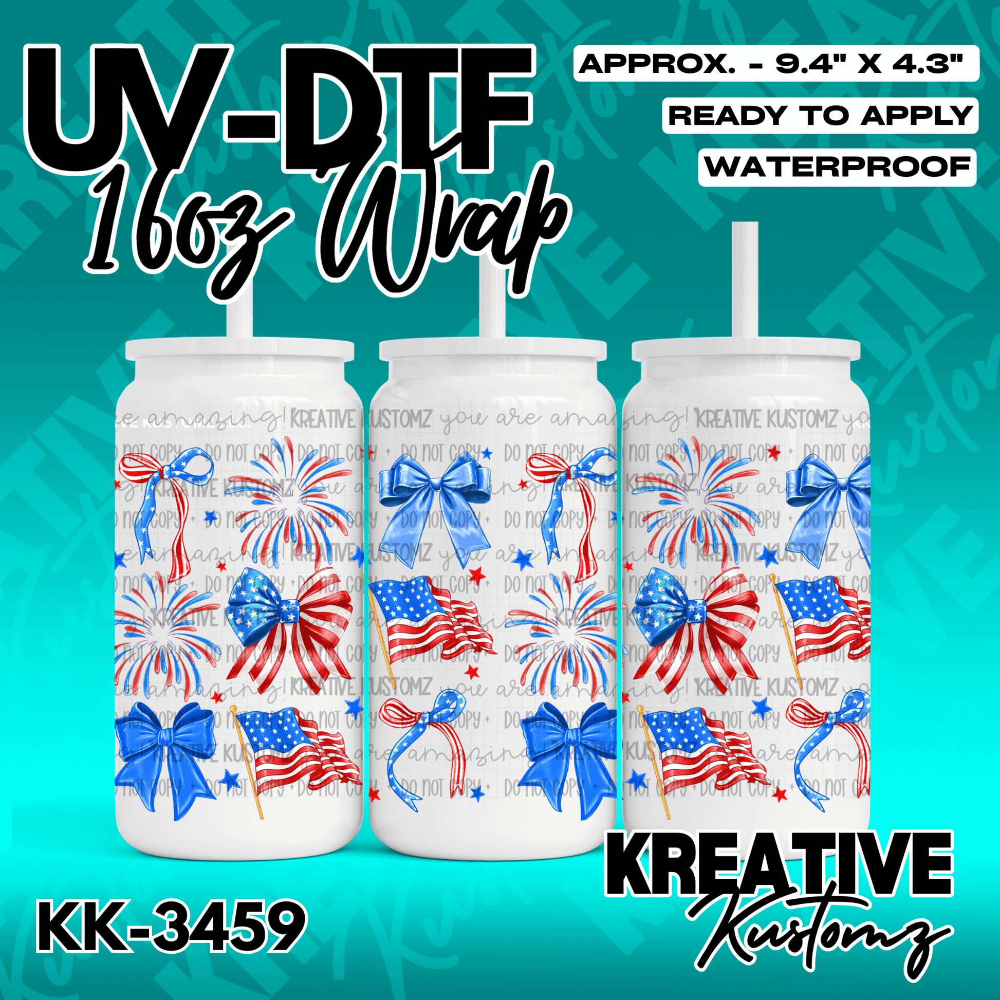 UV DTF wrap for 16oz cups with patriotic bows and fireworks design.
