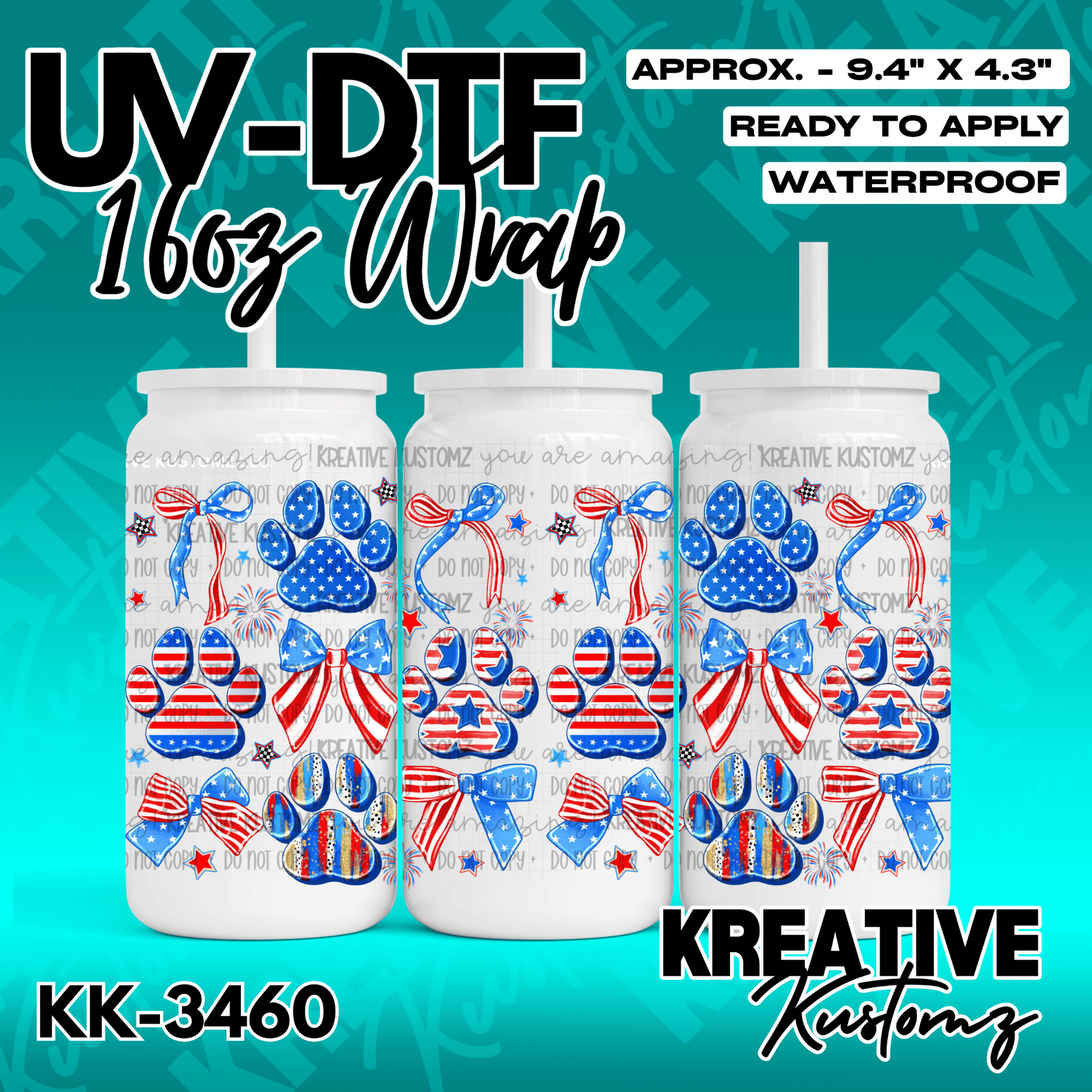 A patriotic cup wrap featuring red, white, and blue paw prints and bows for a glass can.