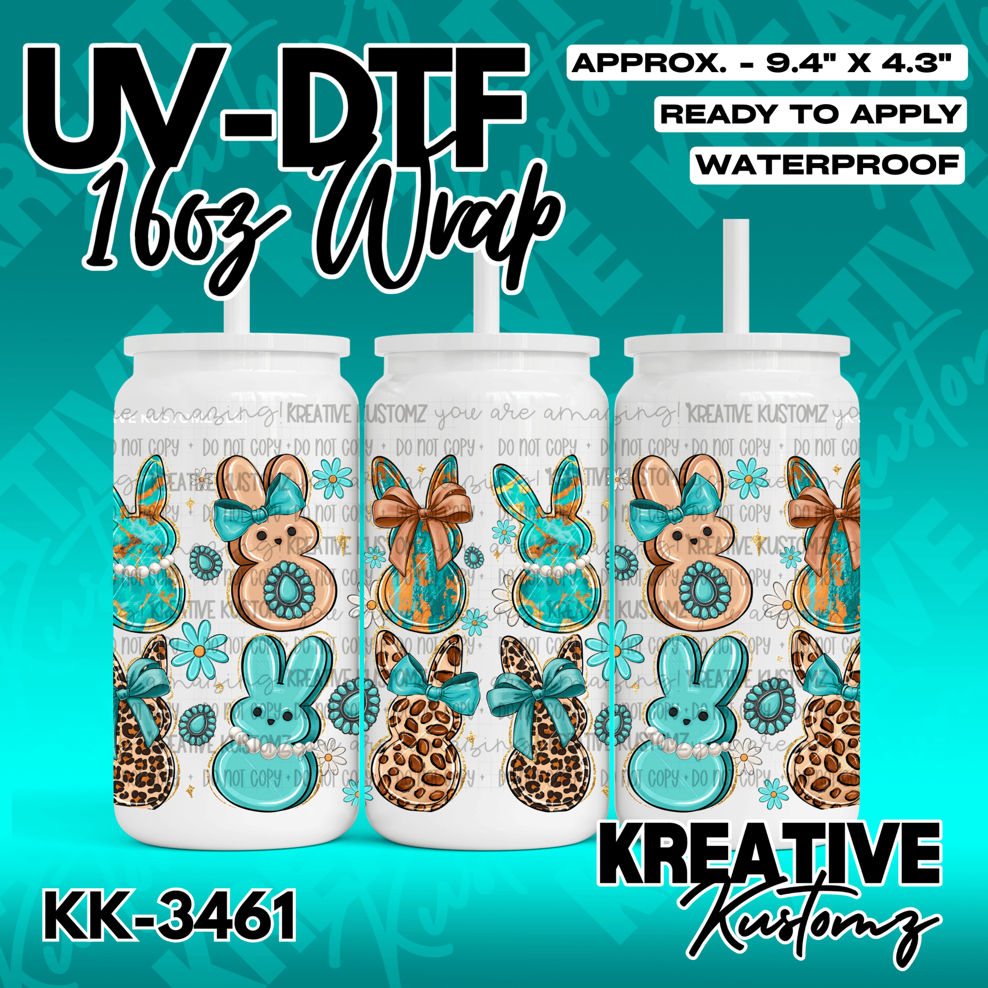 A UV DTF adhesive wrap for 16oz glass cans featuring a pattern of decorative Easter bunnies.