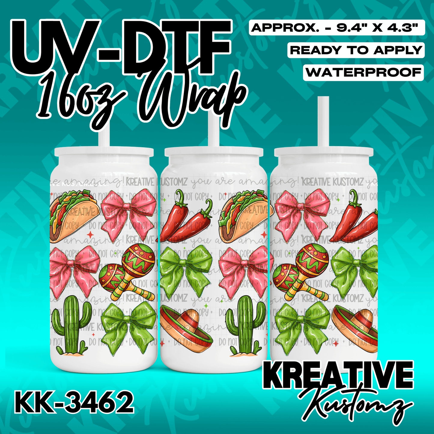 A 16oz glass can wrap featuring a pattern of tacos, chili peppers, maracas, cacti, and bows.