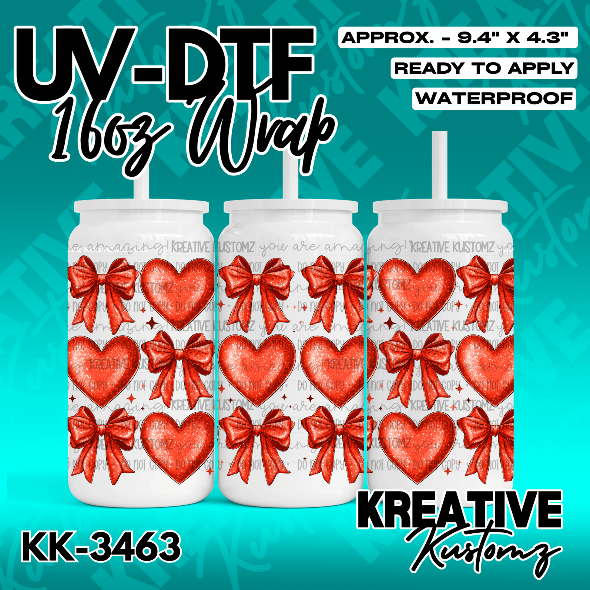 A UV DTF cup wrap featuring a repeating pattern of red glitter hearts and bows.