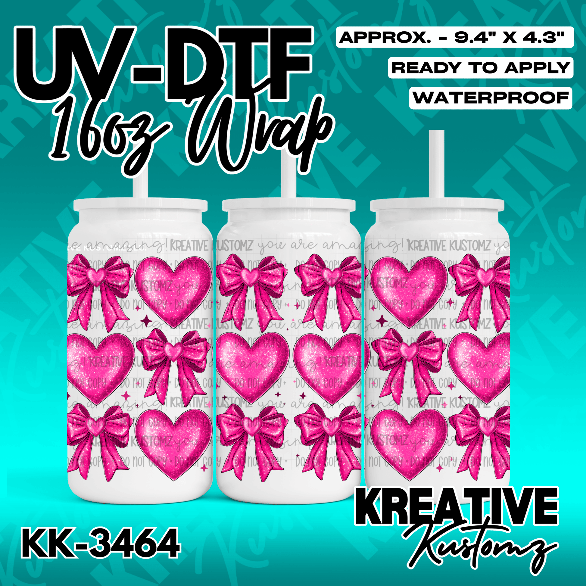 A UV DTF adhesive wrap for 16oz glass cans featuring a pattern of pink glitter hearts and bows.
