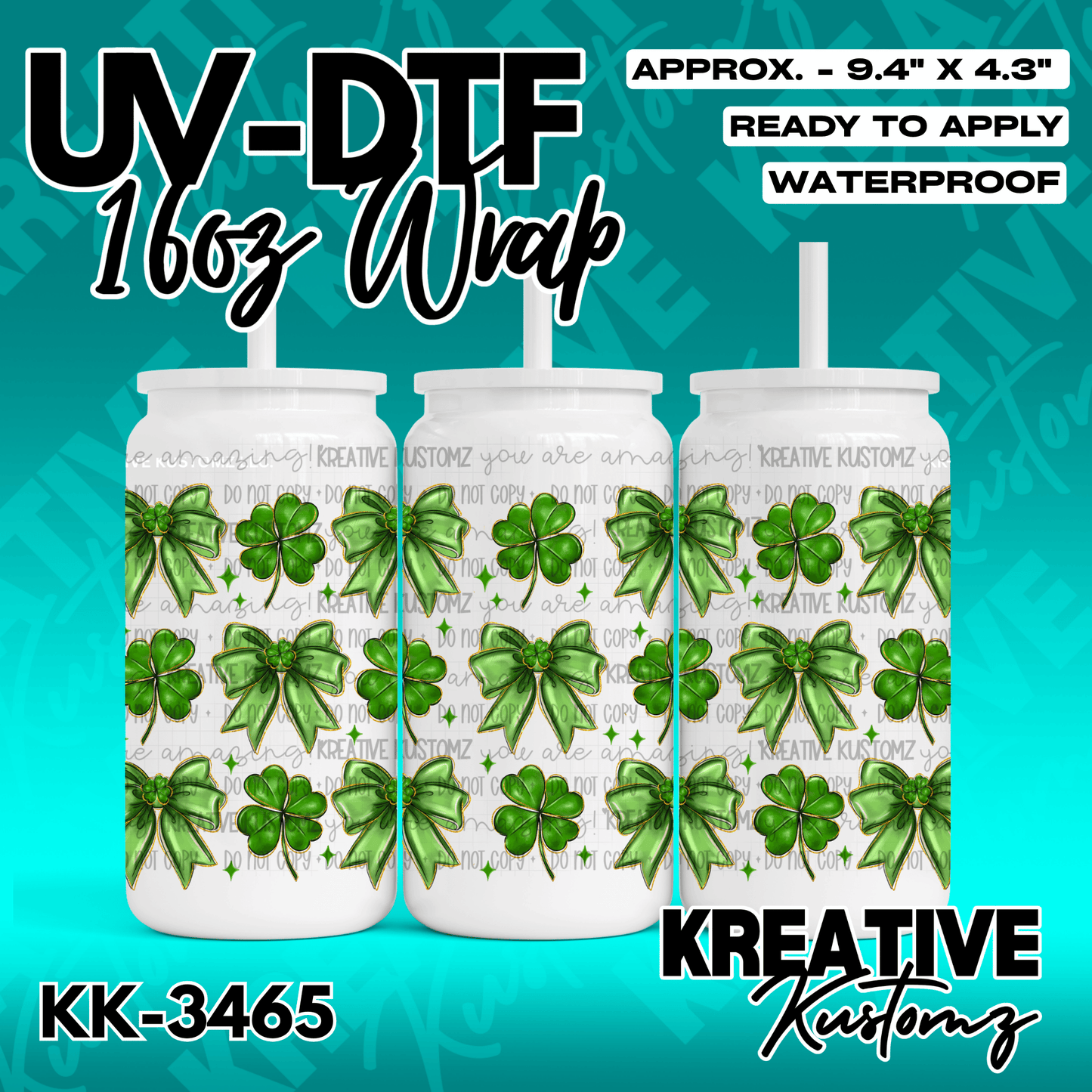 A UV DTF cup wrap featuring a pattern of green shamrocks and bows for a 16oz glass can.