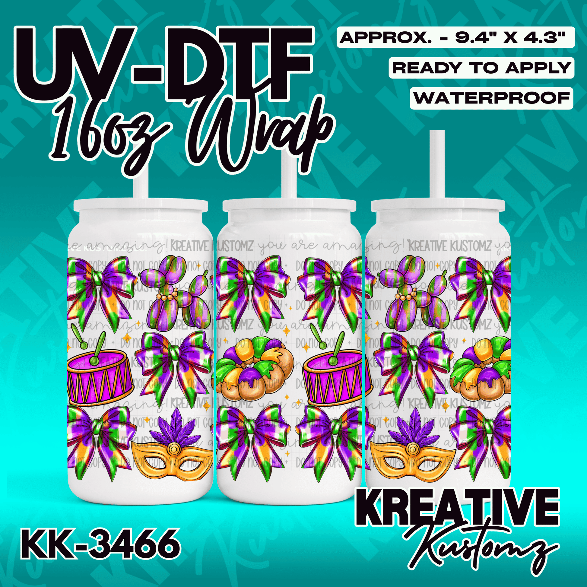 A Mardi Gras themed UV DTF wrap for a 16oz glass can featuring bows, masks, and drums.