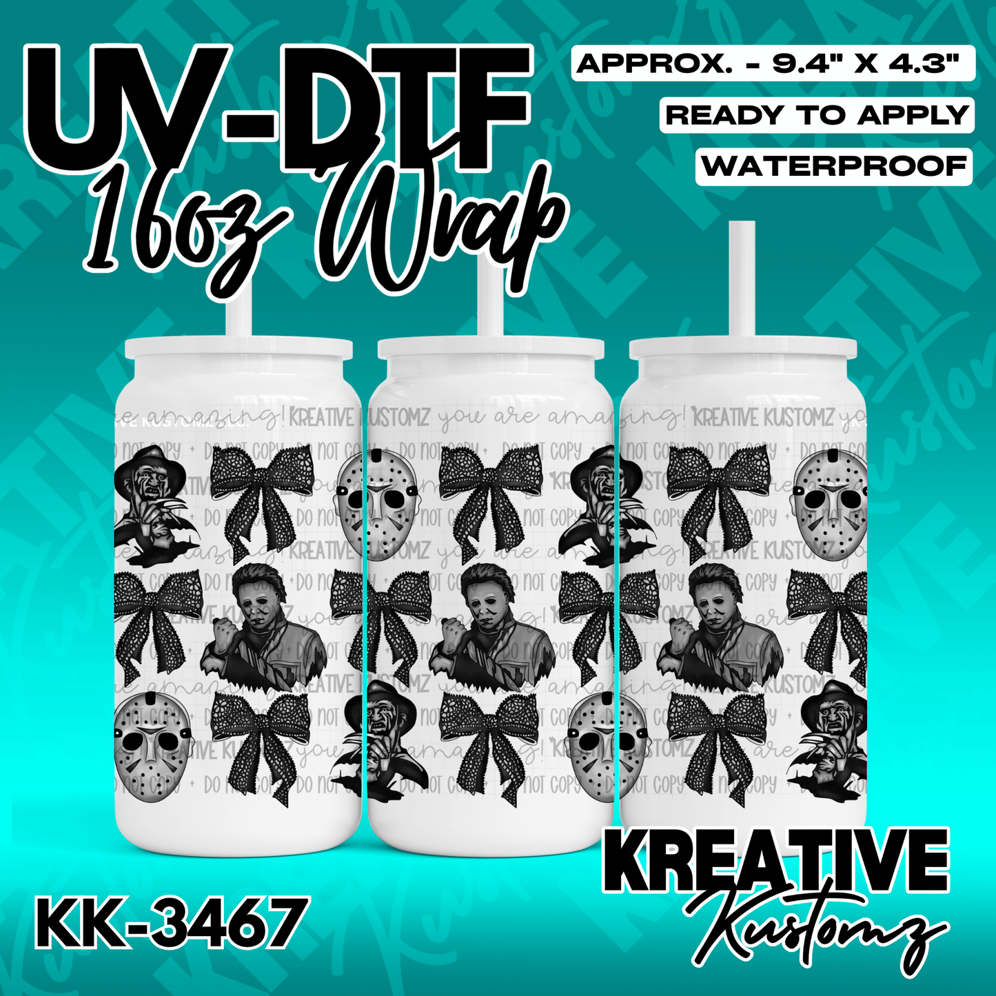 A UV DTF cup wrap featuring a horror movie character pattern with bows for a 16oz glass can.