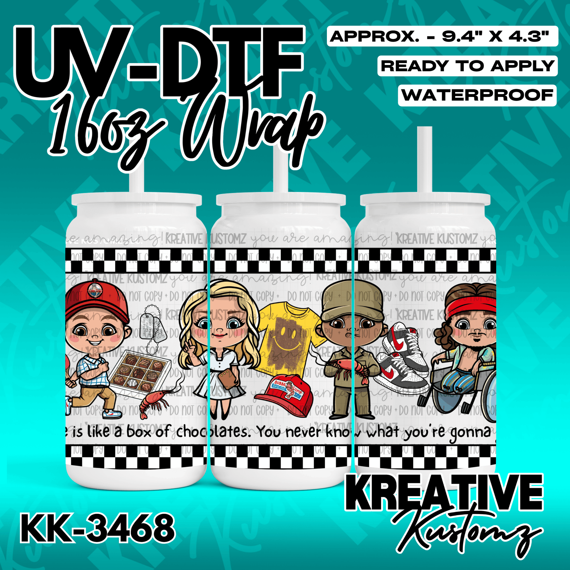 A UV DTF cup wrap featuring cartoon characters and quotes from the movie Forrest Gump.