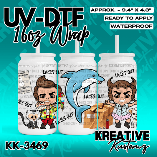 A UV DTF adhesive wrap for a 16oz glass can featuring cartoon characters and a dolphin.