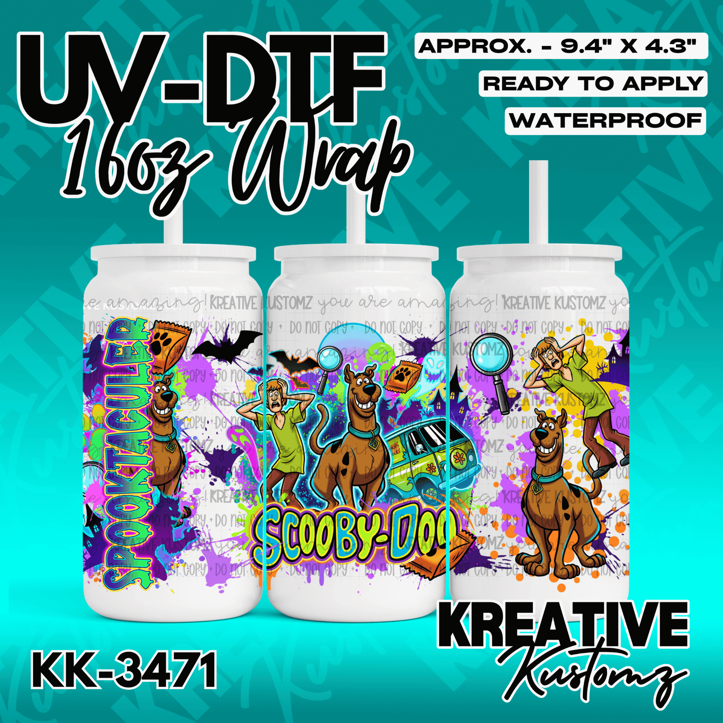 A Scooby-Doo themed UV DTF adhesive wrap for a 16oz glass can featuring cartoon characters.