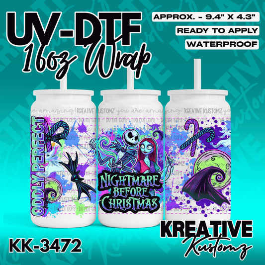 A Nightmare Before Christmas themed UV DTF cup wrap featuring Jack and Sally on a glass can.