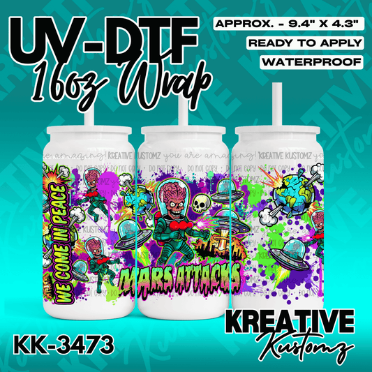 A Mars Attacks themed adhesive wrap for a 16oz glass can featuring aliens and flying saucers.