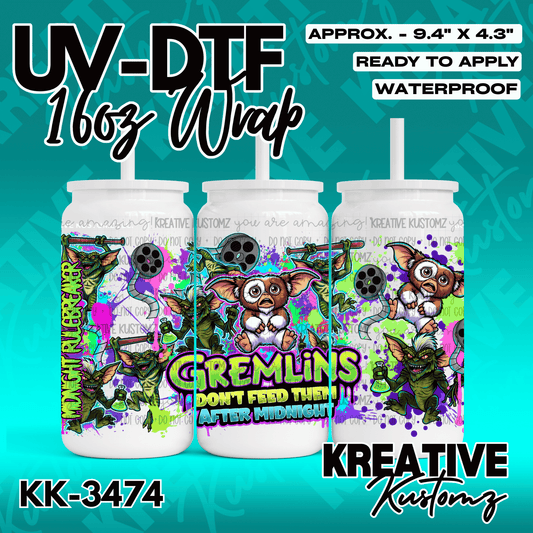 A Gremlins themed adhesive wrap for a 16oz glass cup featuring colorful characters and text.