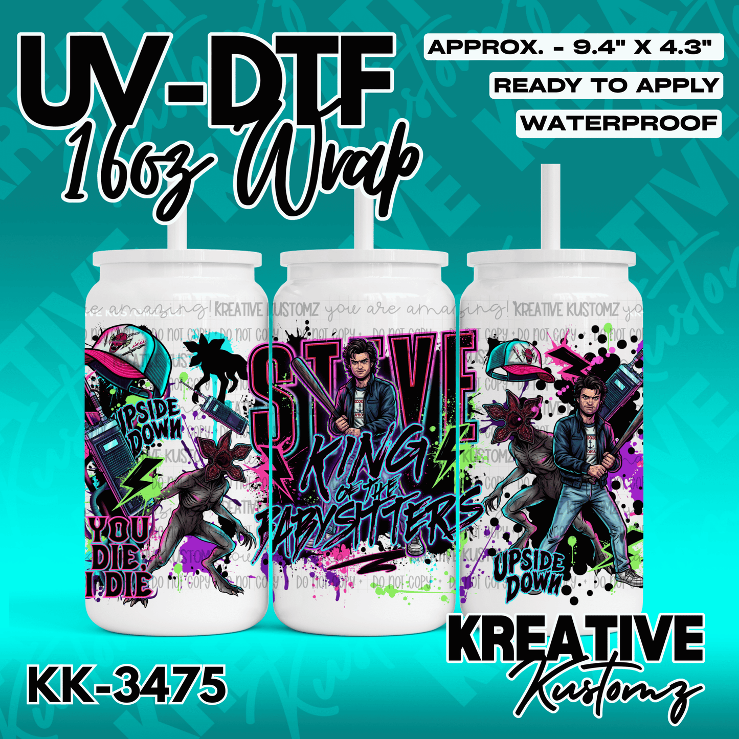A Stranger Things themed adhesive wrap for a 16oz glass can featuring Steve Harrington.