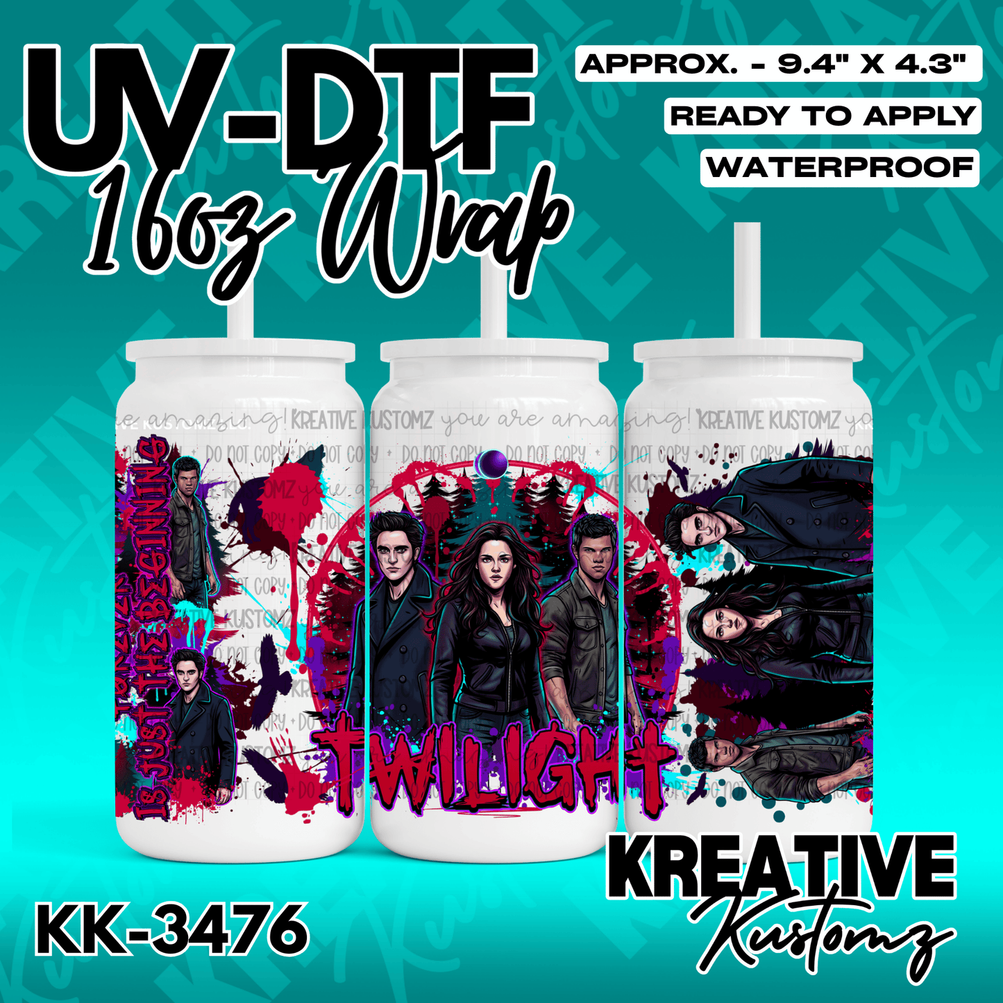 A Twilight themed UV DTF adhesive wrap for a 16oz glass cup featuring characters from the movie.
