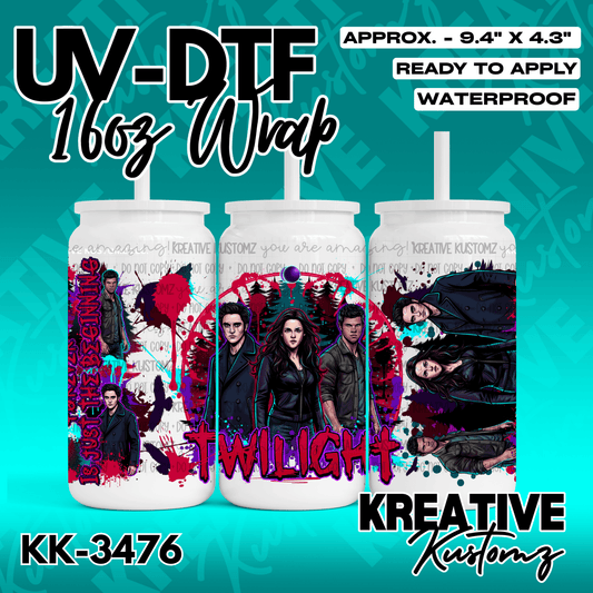 A Twilight themed UV DTF adhesive wrap for a 16oz glass cup featuring characters from the movie.