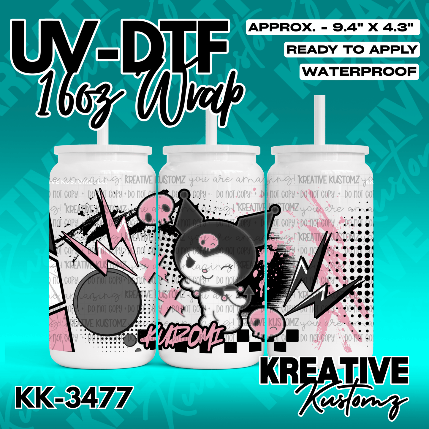 A Kuromi themed UV DTF adhesive wrap for a 16oz glass can featuring pink lightning and skulls.