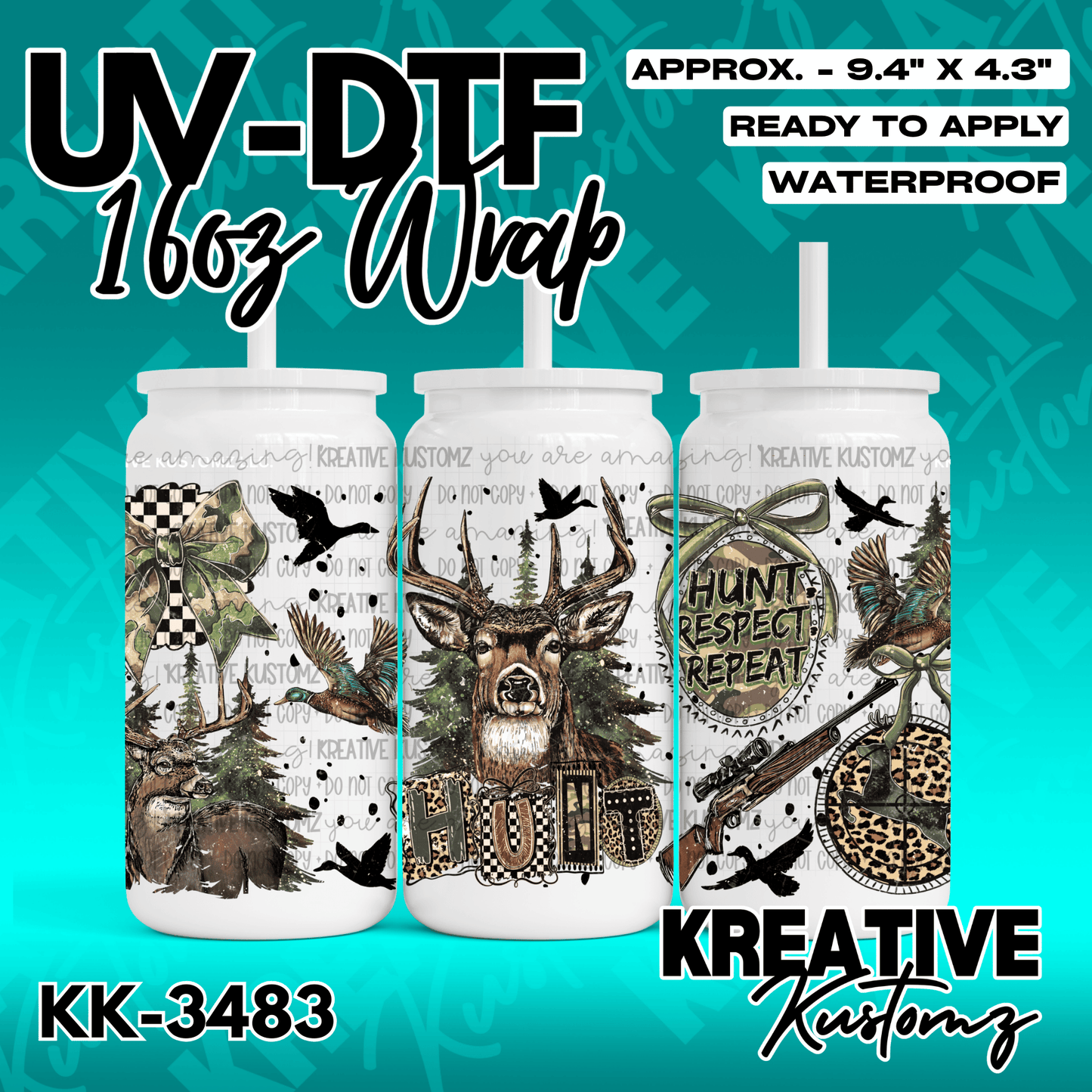 A hunting themed adhesive wrap for a 16oz glass can featuring deer, ducks, and camouflage patterns.