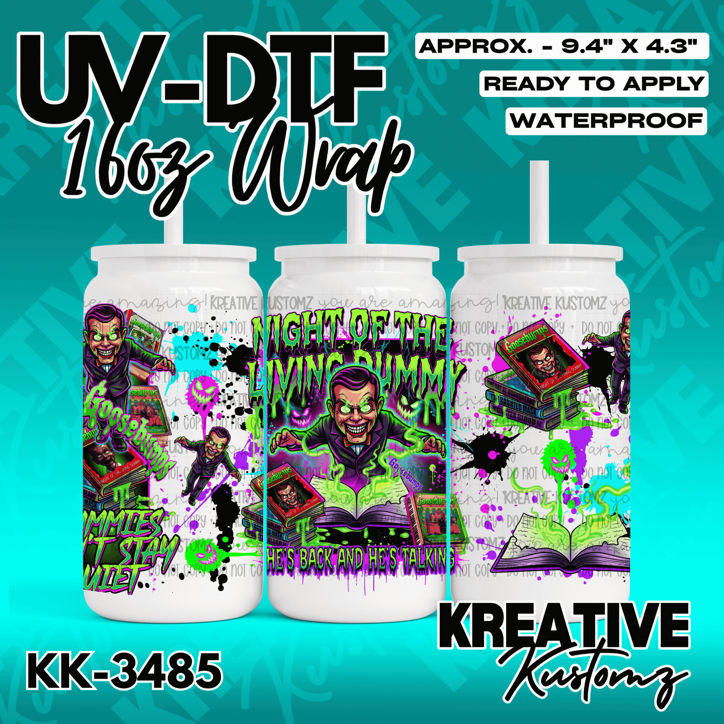 A Goosebumps themed UV DTF cup wrap featuring Slappy the dummy for 16oz glass cans.