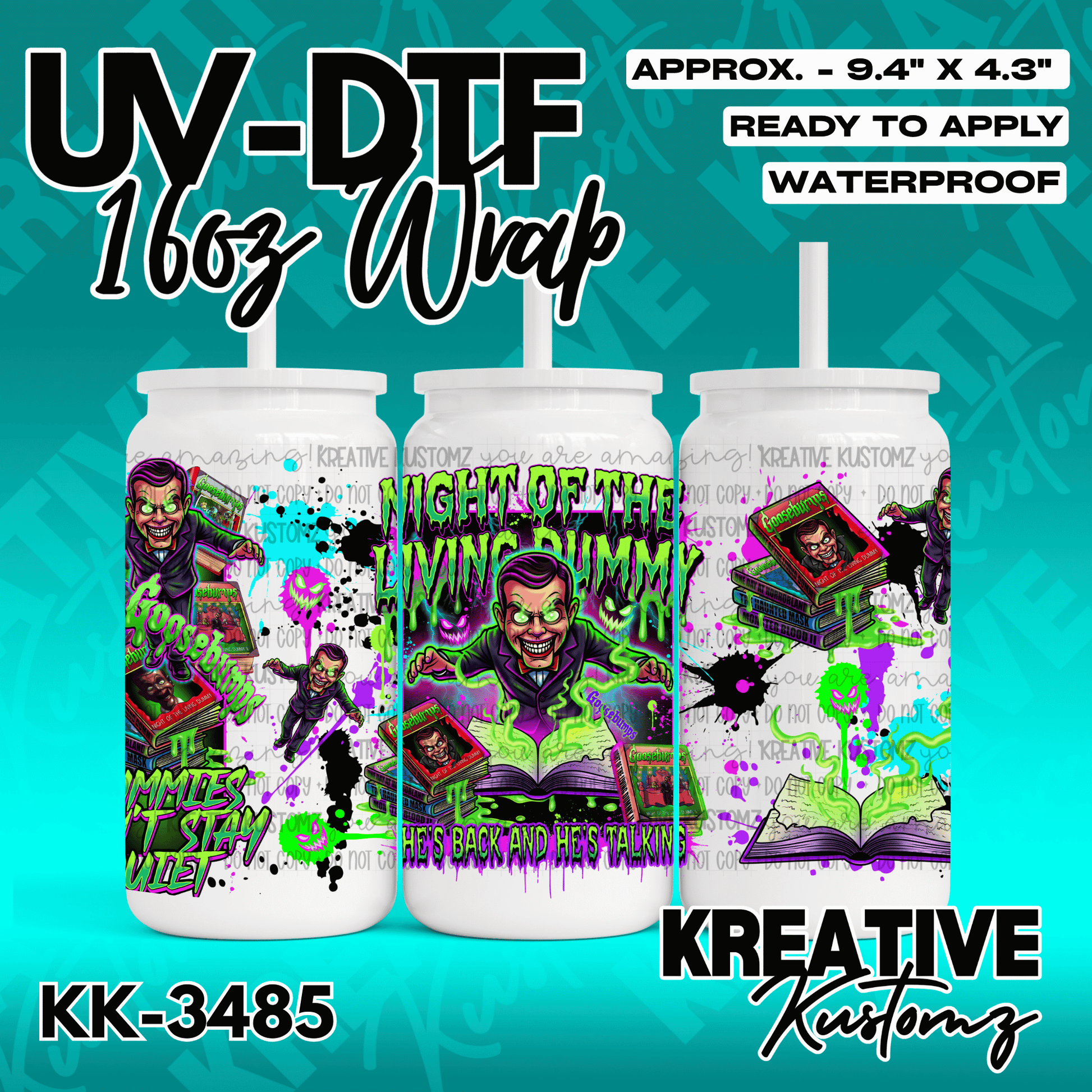 A Goosebumps themed UV DTF cup wrap featuring Slappy the dummy for 16oz glass cans.