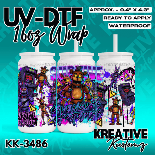 A Five Nights at Freddy's themed adhesive wrap for a 16oz glass can.