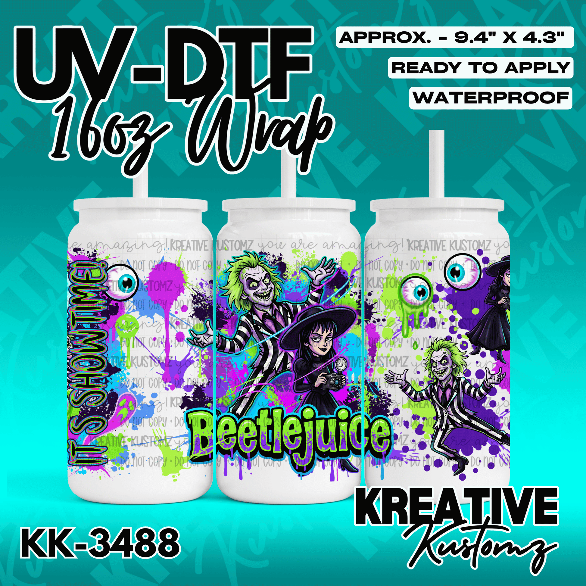 A Beetlejuice themed UV DTF cup wrap featuring characters and paint splatter designs.