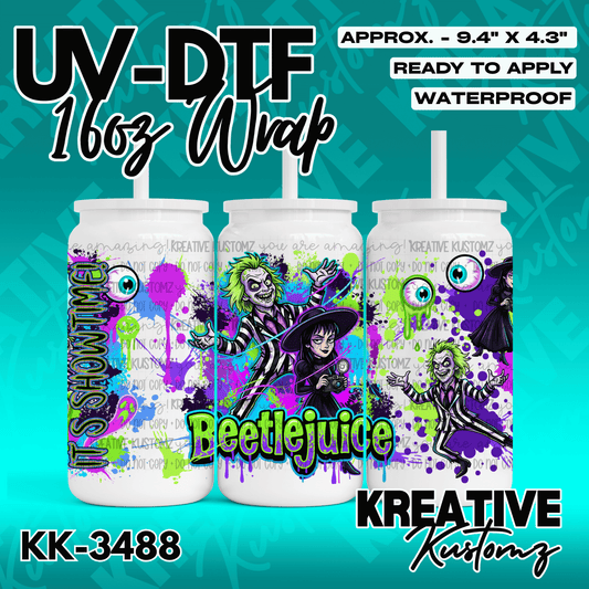 A Beetlejuice themed UV DTF cup wrap featuring characters and paint splatter designs.