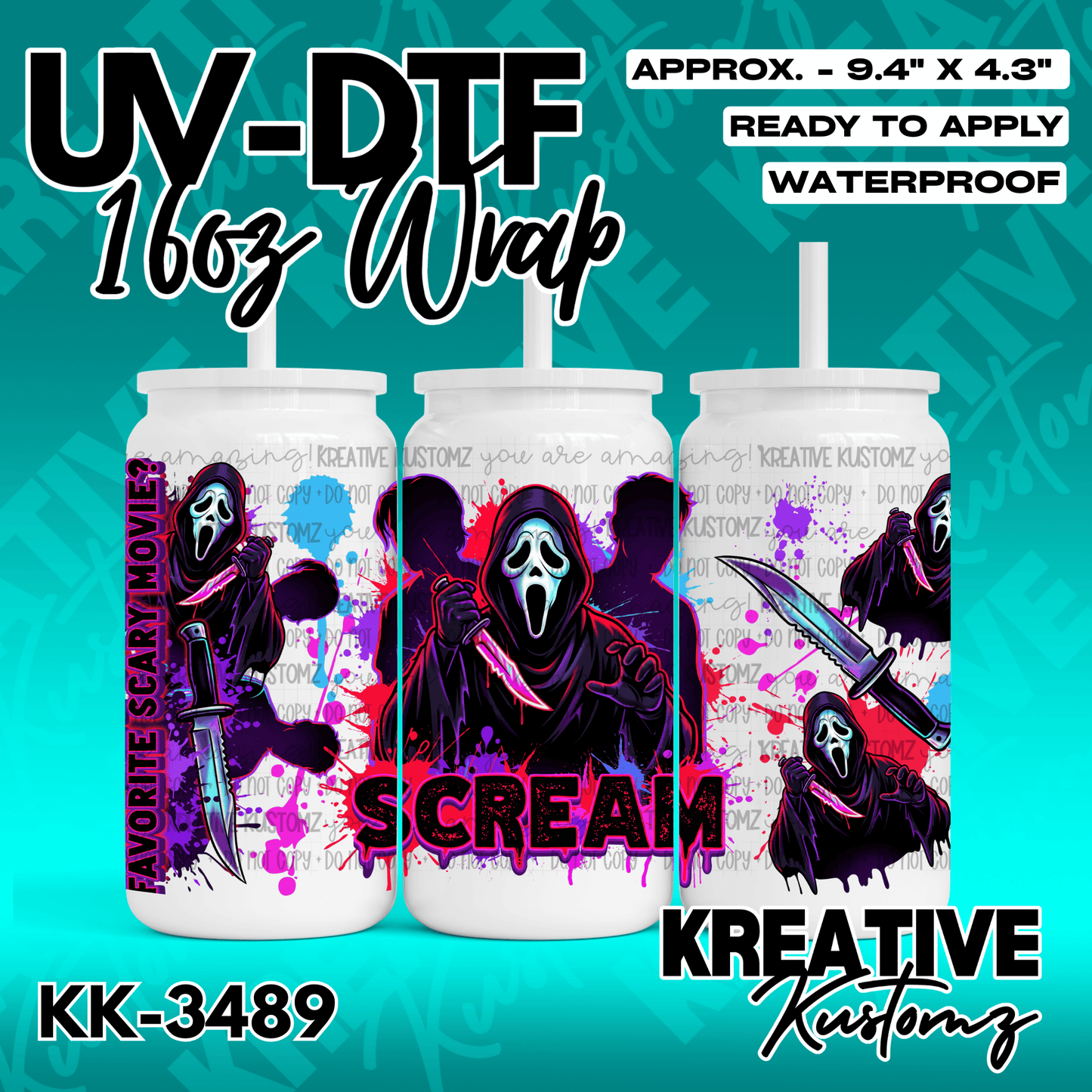 A Scream-themed adhesive wrap for a 16-ounce glass can featuring Ghostface and paint splatter art.