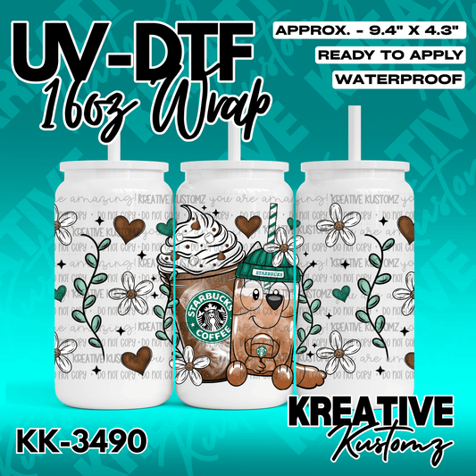 A UV DTF cup wrap featuring a cartoon bear holding a coffee drink with floral and heart accents.
